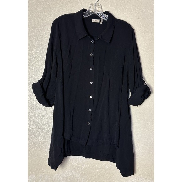 LOGO by Lori Goldstein Tops - LOGO by Lori Goldstein Size 16 Black Button Up Shirt with 3/4 Roll Tab Sleeves